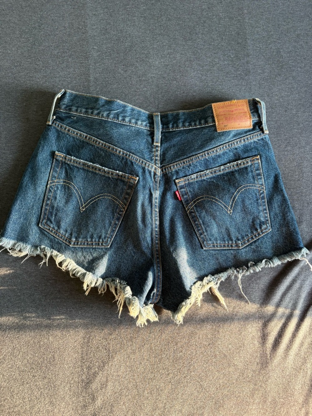 Levi's Premium 501 High-Waisted Cutoff Denim Shorts New Look Dark Wash Capital E - Picture 7 of 9